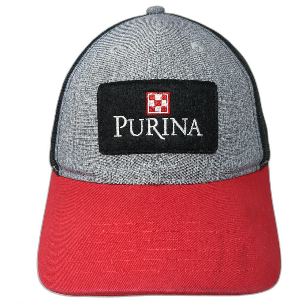 Purina Trucker Hat Gray Red Black One Size Snapback Mesh Patch Checkerboard Logo